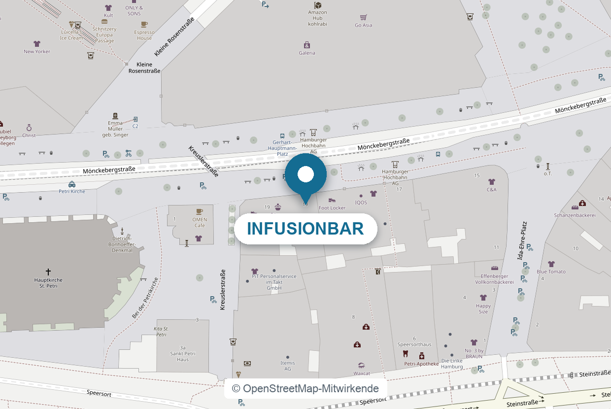 Karte: Die Infusionbar an der Mönckebergstraße 19 in der Hamburger Innenstadt, gegenüber von Galeria
